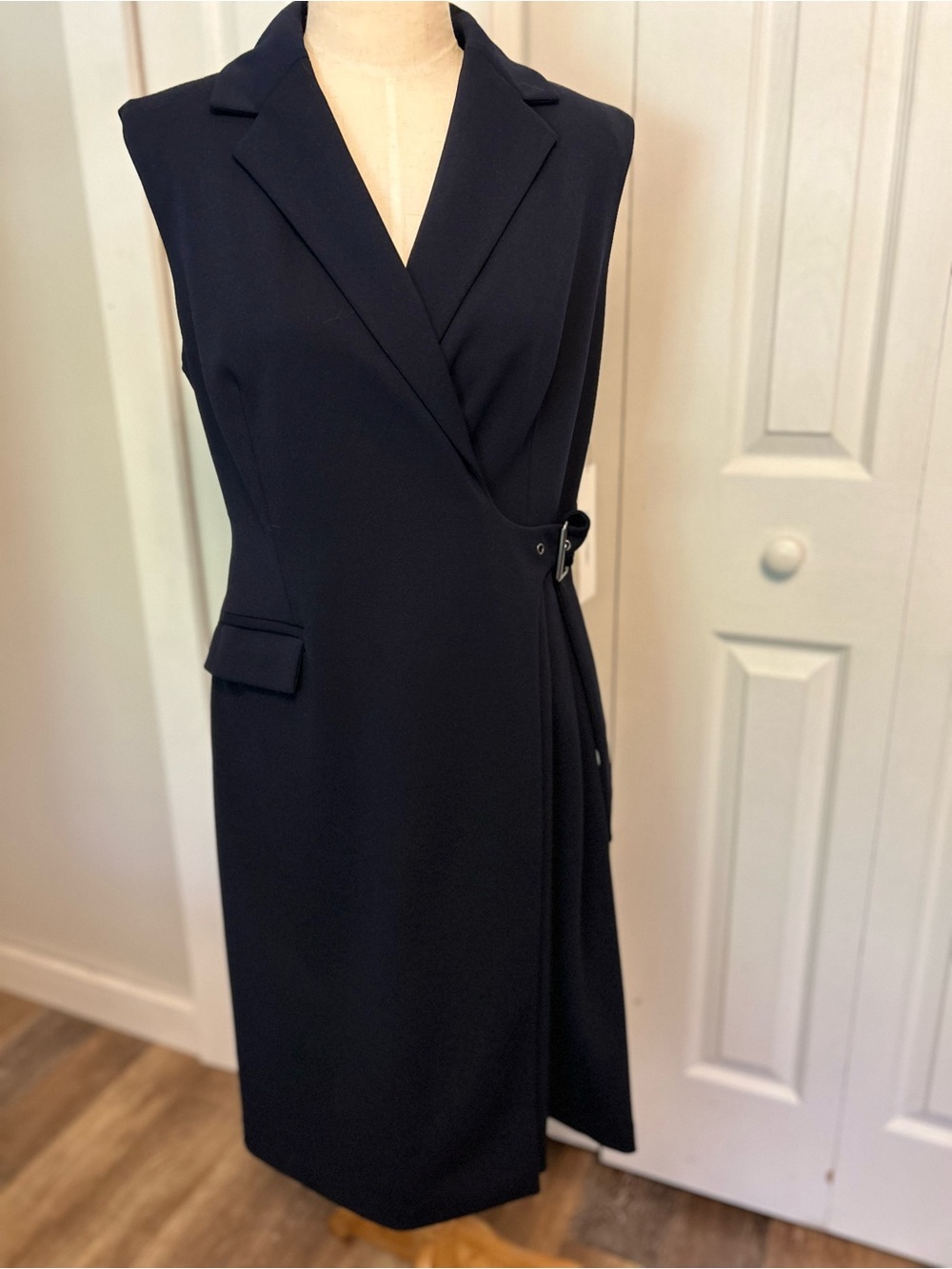 Calvin Klein Sleeveless Black Wrap Midi Dress with Side Buckle NWT